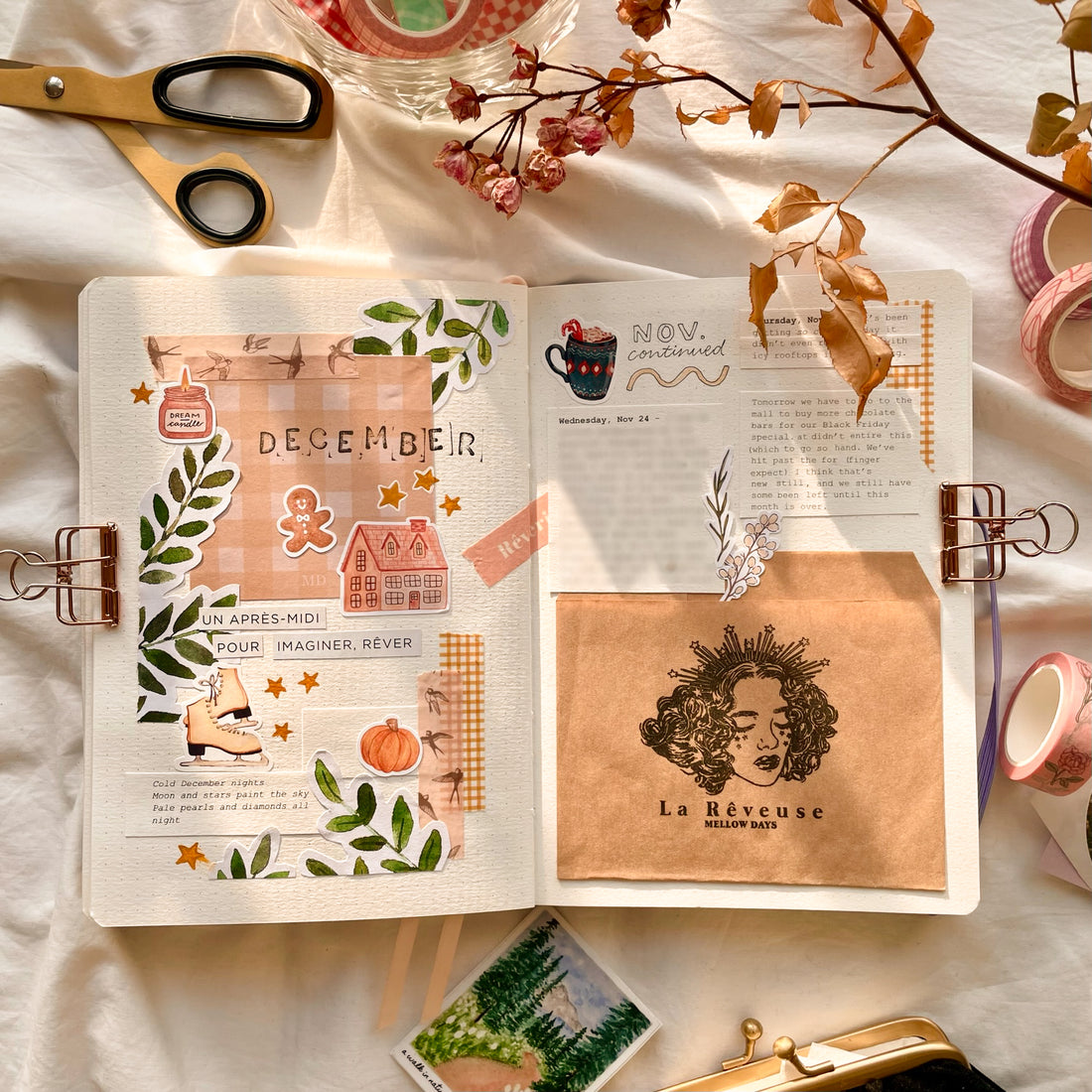 5 Easy Ways To Decorate Your Bullet Journal spreads WITHOUT Any Drawings. use ephemera paper, magazine cutouts, stickers, washi tape, stamps, and pretty typography font for writing