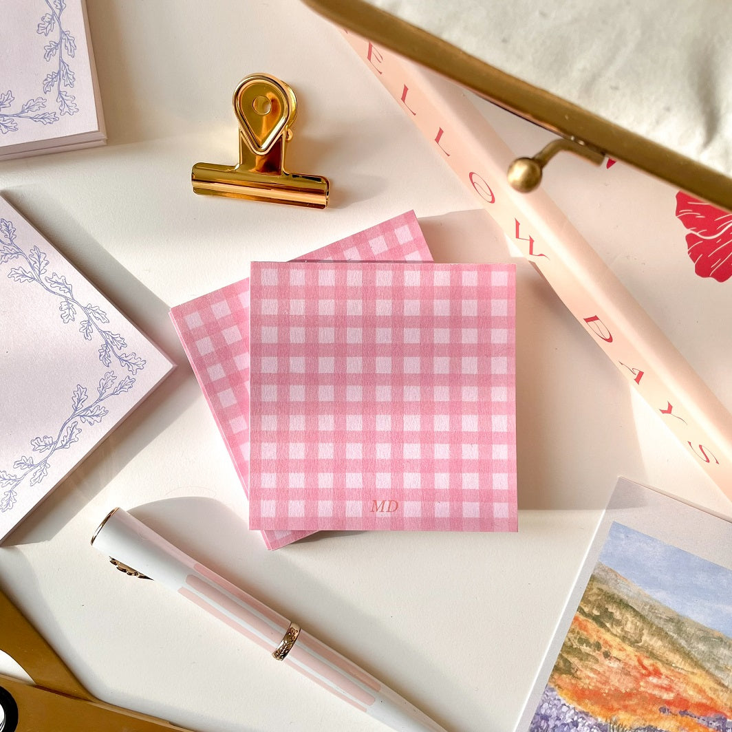 pink gingham design, printed on a square bloc memo notepad, with 50 tear off sheets