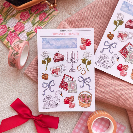 vinyl sticker sheet with a dreamy romantic theme with illustrations of roses, swan, chocolate, strawberries, ribbons, and more