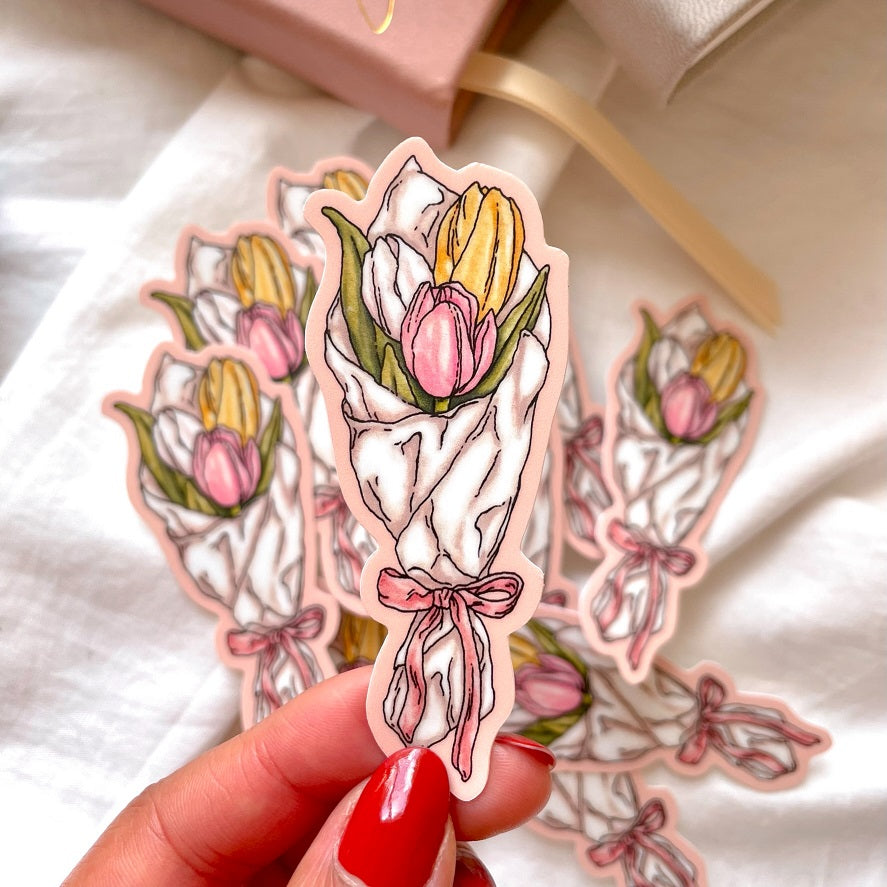 hand illustrated tulip bouquet sticker, printed on premium vinyl sticker paper. measures 77mm in length by 31 in width