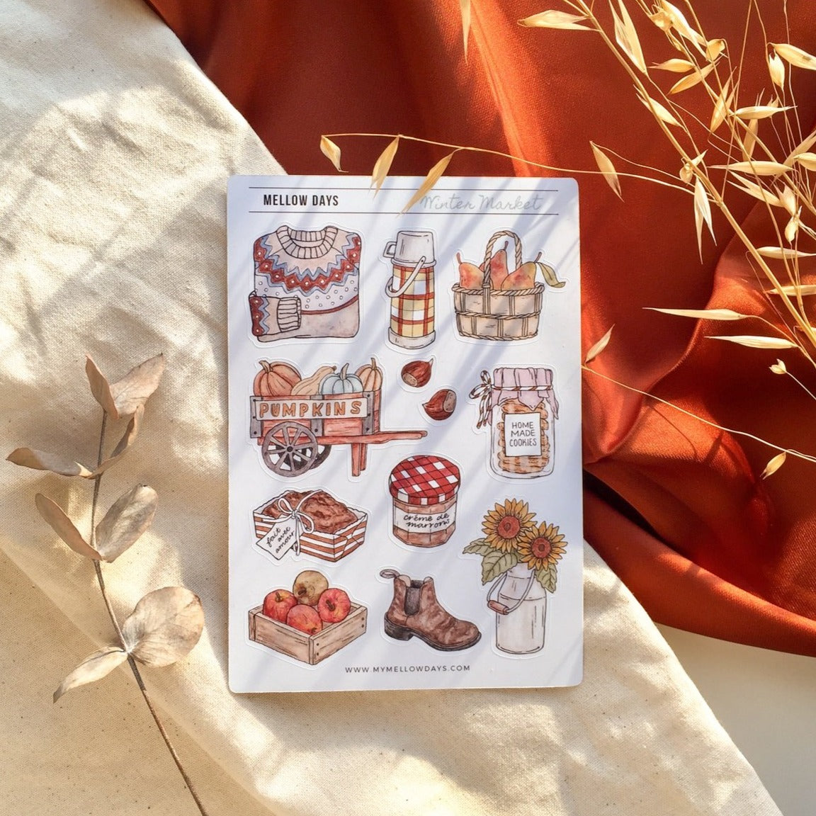 Winter Market Theme sticker sheet for bujo, bullet journals, planners, and scrapbooking. 12 stickers