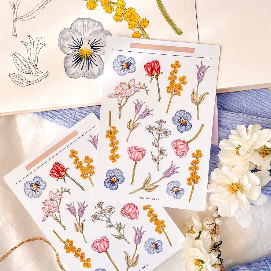 floral sticker sheet with 15 beautiful and different flower stickers for any art and crafts project or journaling page such as bujo, bullet journal, stationery planner, art journal, collage etc