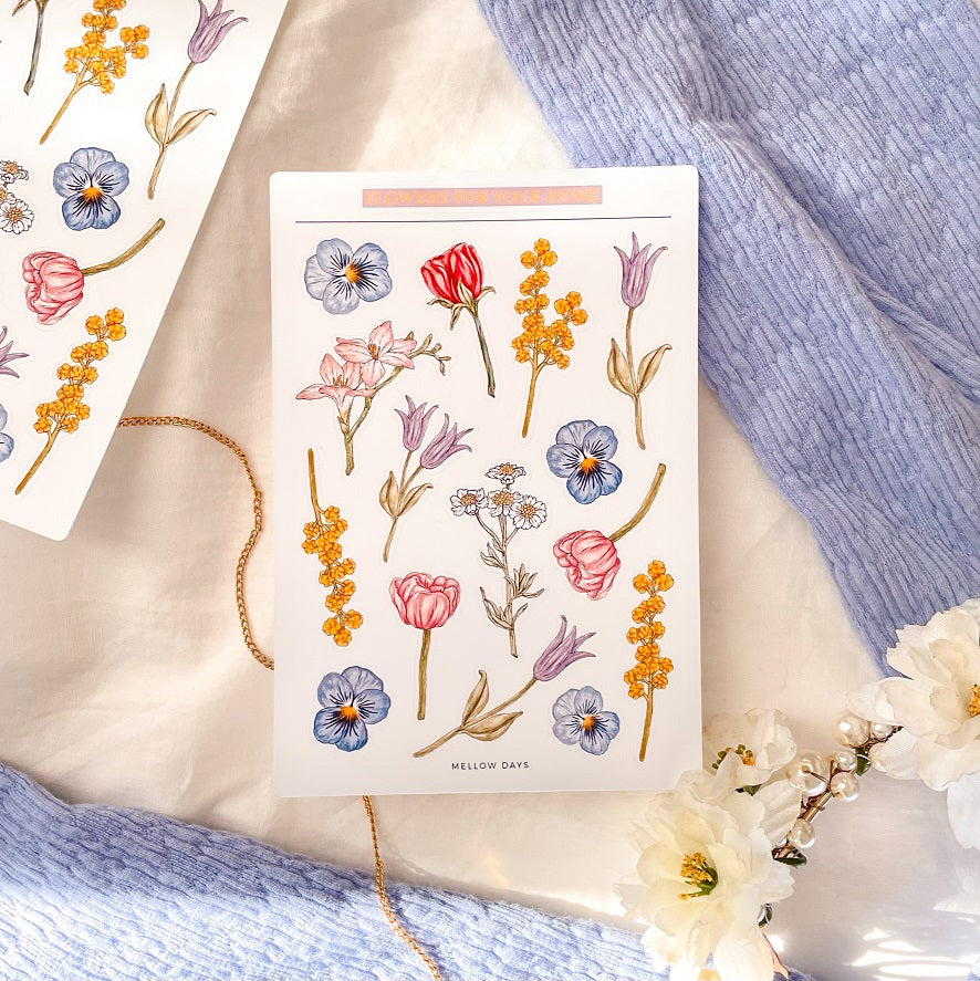 floral stciker sheet with 15 beautiful flower stickers for any art and crafts project or journaling page such as bujo, bullet journal, stationery planner, art journal, collage etc