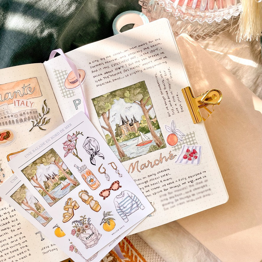vinyl sticker sheet for bujo, journaling, and stationery planners. decorative stickers with theme of a summer seaside vacation