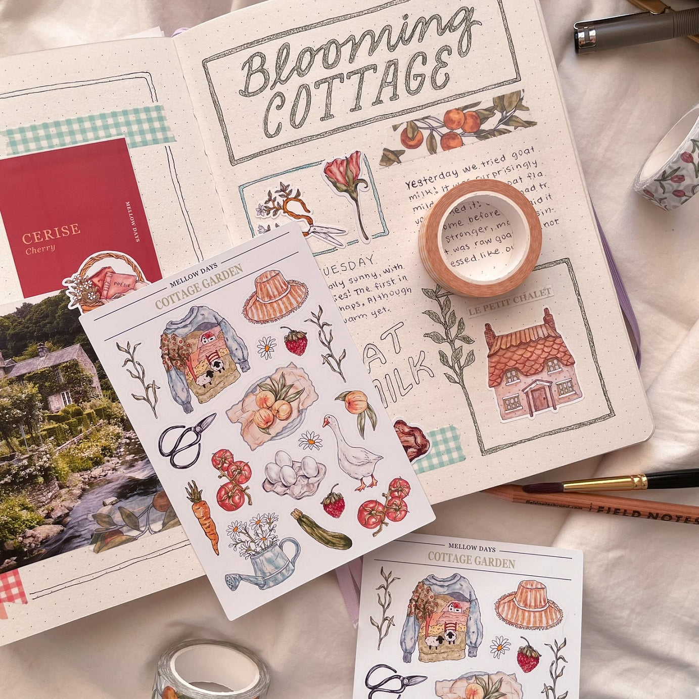 a spring and summer cottage garden theme sticker sheet with illustrations of vegetables, fruit, eggs, flowers, a goose and knit sweater