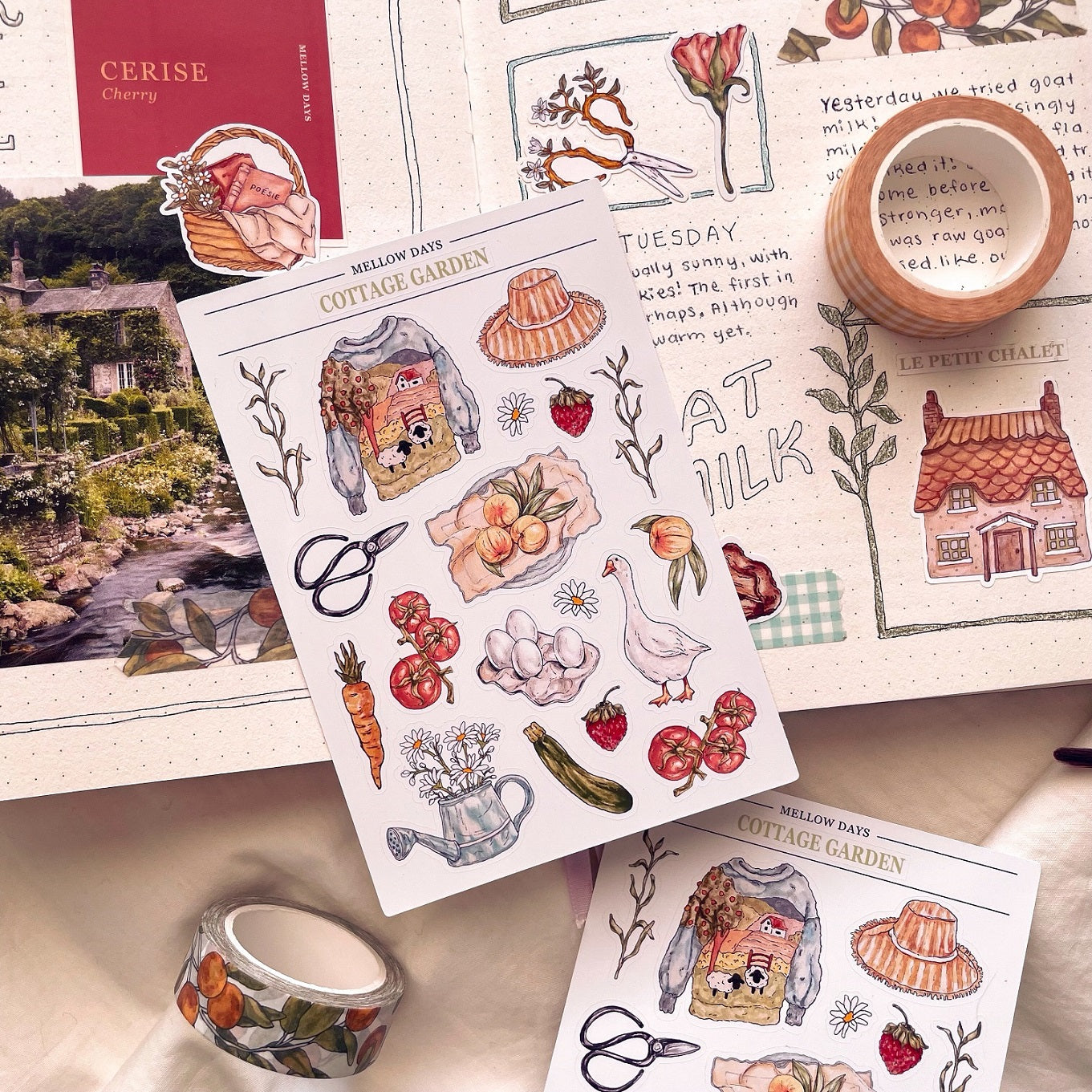 a spring and summer cottage garden theme sticker sheet with illustrations of vegetables, fruit, eggs, flowers, a goose and knit sweater