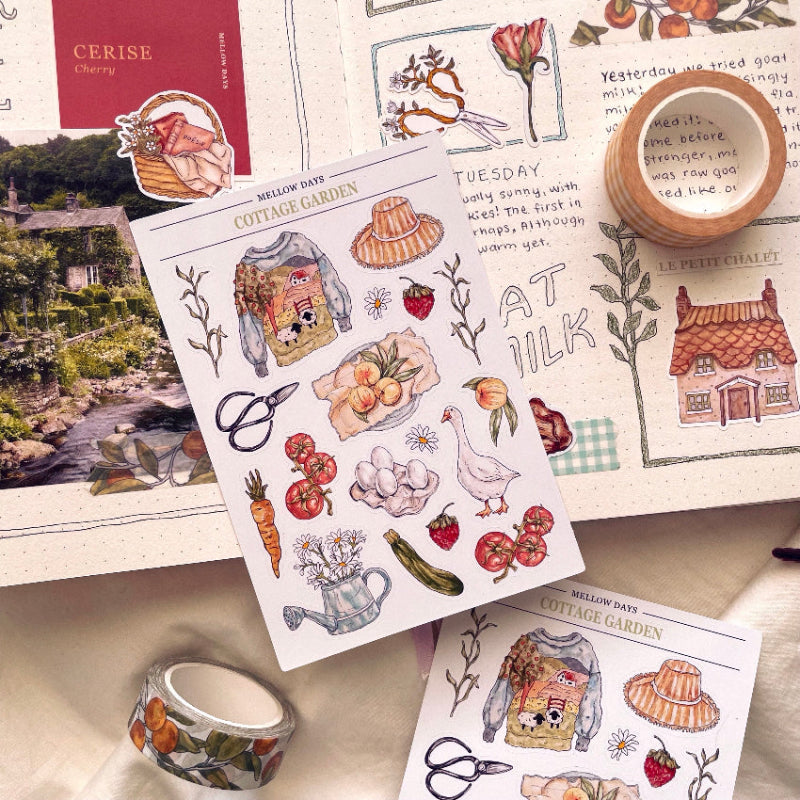 a spring and summer cottage garden theme sticker sheet with illustrations of vegetables, fruit, eggs, flowers, a goose and knit sweater