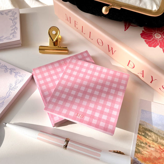 pink gingham design, printed on a square bloc memo notepad, with 50 tear off sheets