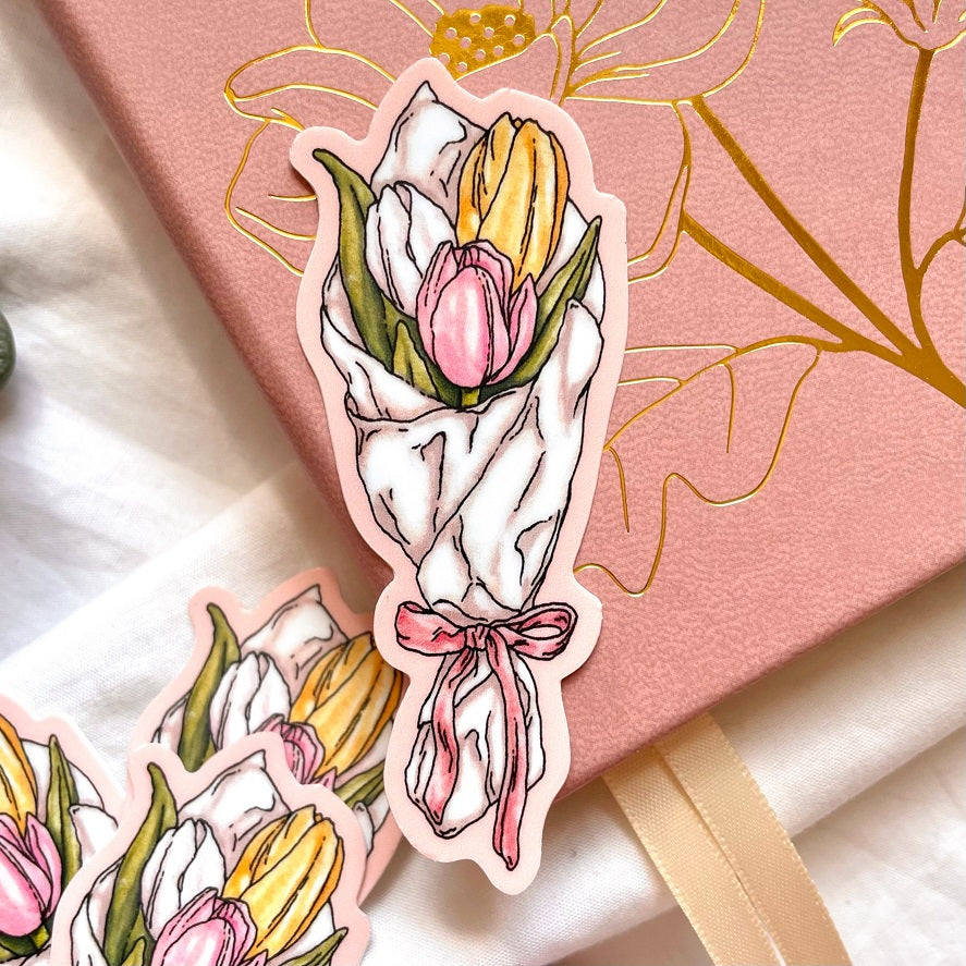 hand illustrated tulip bouquet sticker, printed on premium vinyl sticker paper. measures 77mm in length by 31 in width