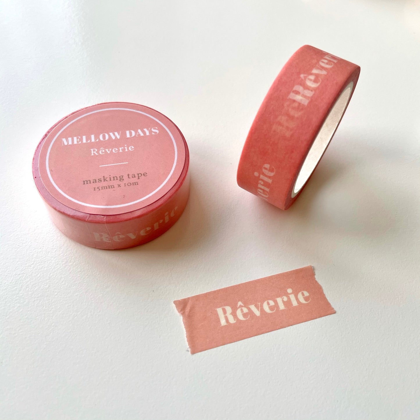 pink washi tape with the word rêverie printed along as a ribbon, 15mm x 10m