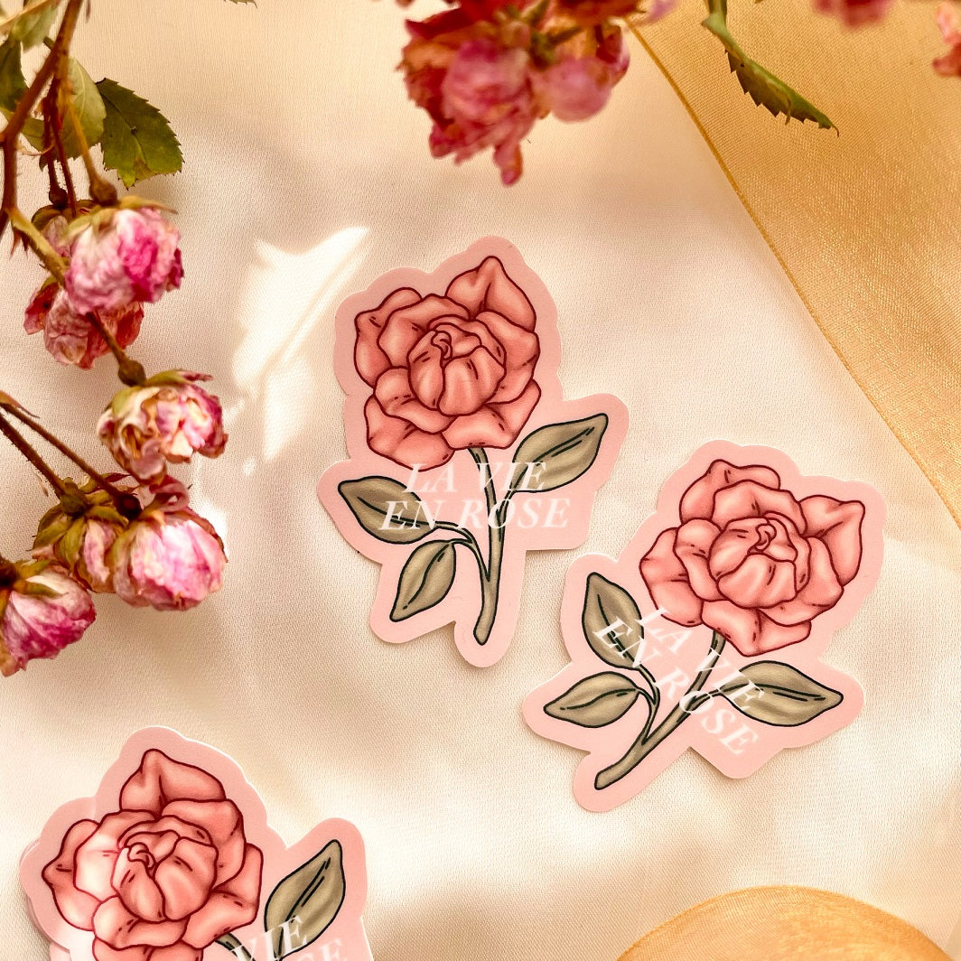 a die cut vinyl sticker illustrated with a pink rose and the words, le vie en rose, against a light pink background