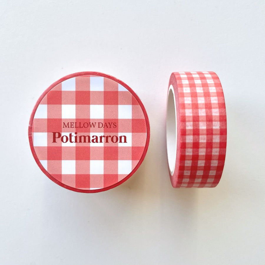 A deep, red orange gingham printed washi tape. 15 mm width by 10 meters length