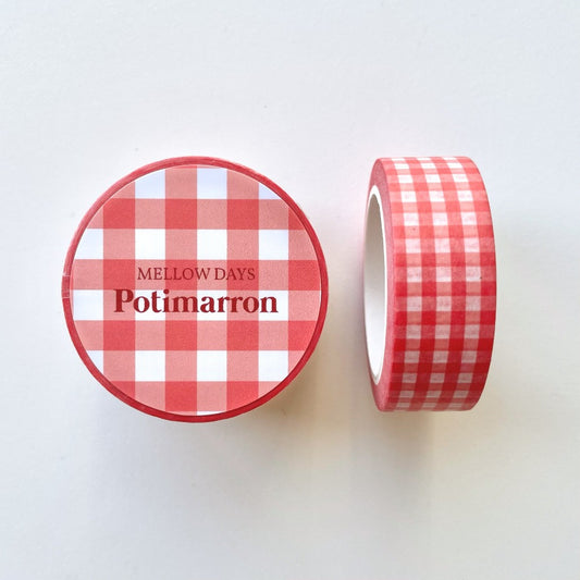 A deep, red orange gingham printed washi tape. 15 mm width by 10 meters length