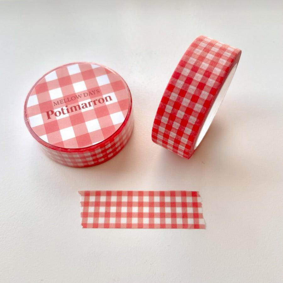 A deep, red orange gingham printed washi tape. 15 mm width by 10 meters length