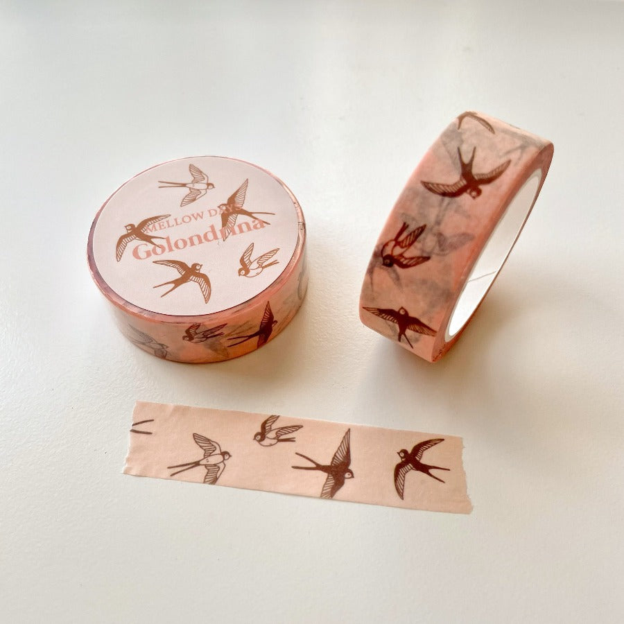 Flying swallow bird design printed on washi tape. 15 mm width by 10 meters length