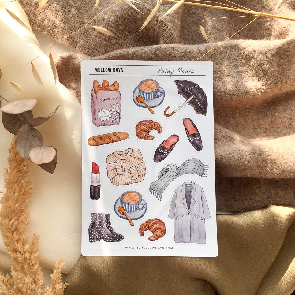 Rainy Paris, autumn/ fall themed Bujo Sticker Sheet