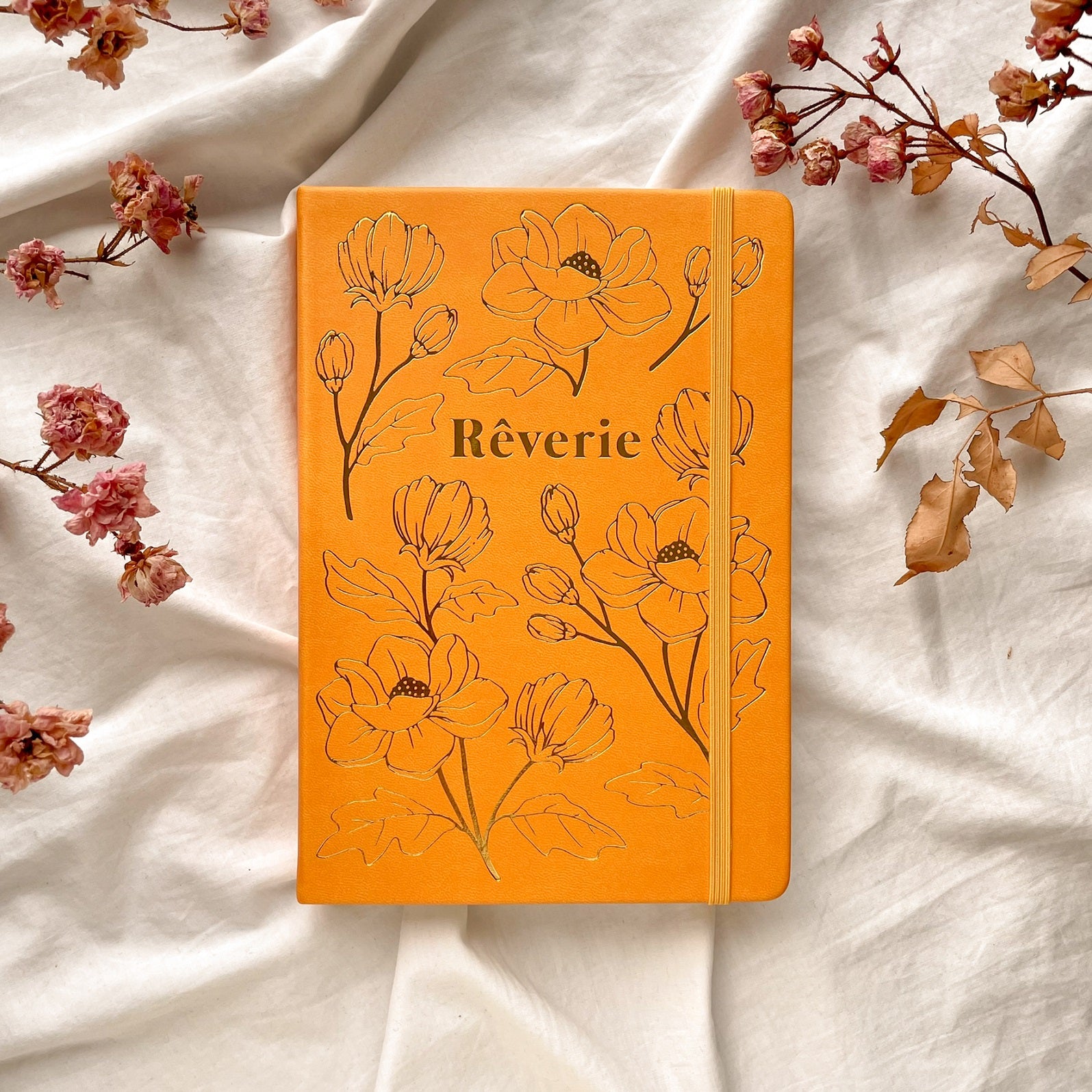Reverie Watercolor Bullet Journal, Yellow Saffron Gold Gilded Floral Cover