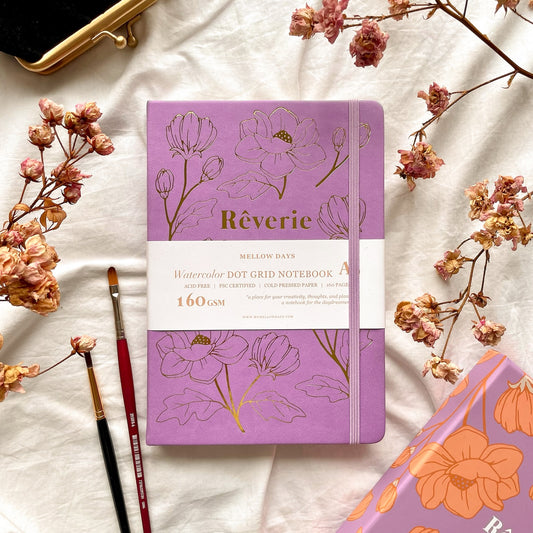 Reverie Watercolor Bullet Journal, Purple Orchid Gold Gilded Floral Cover