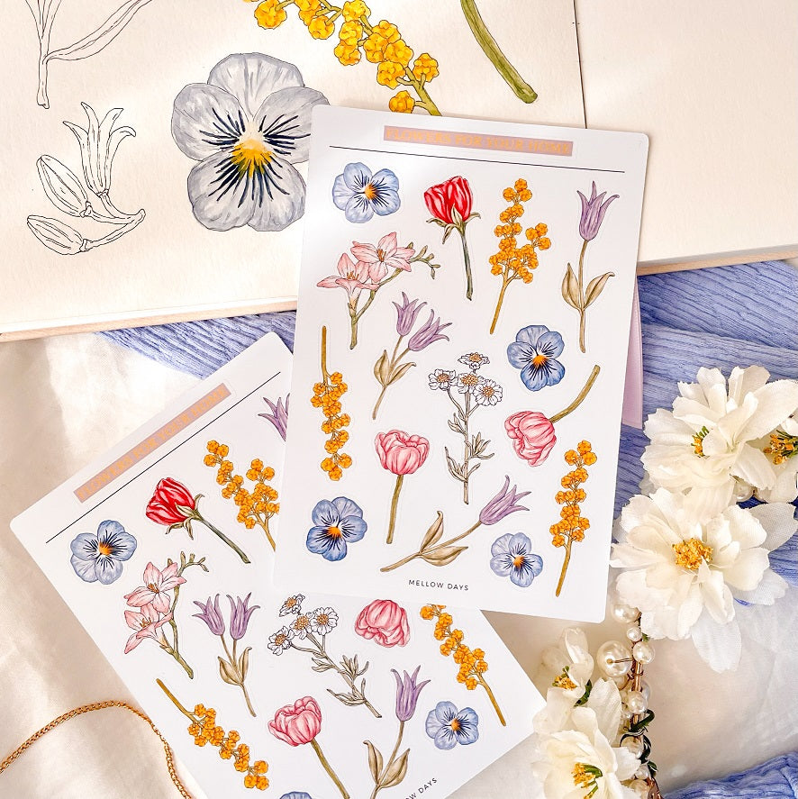 floral sticker sheet with 15 beautiful and different flower stickers for any art and crafts project or journaling page such as bujo, bullet journal, stationery planner, art journal, collage etc 