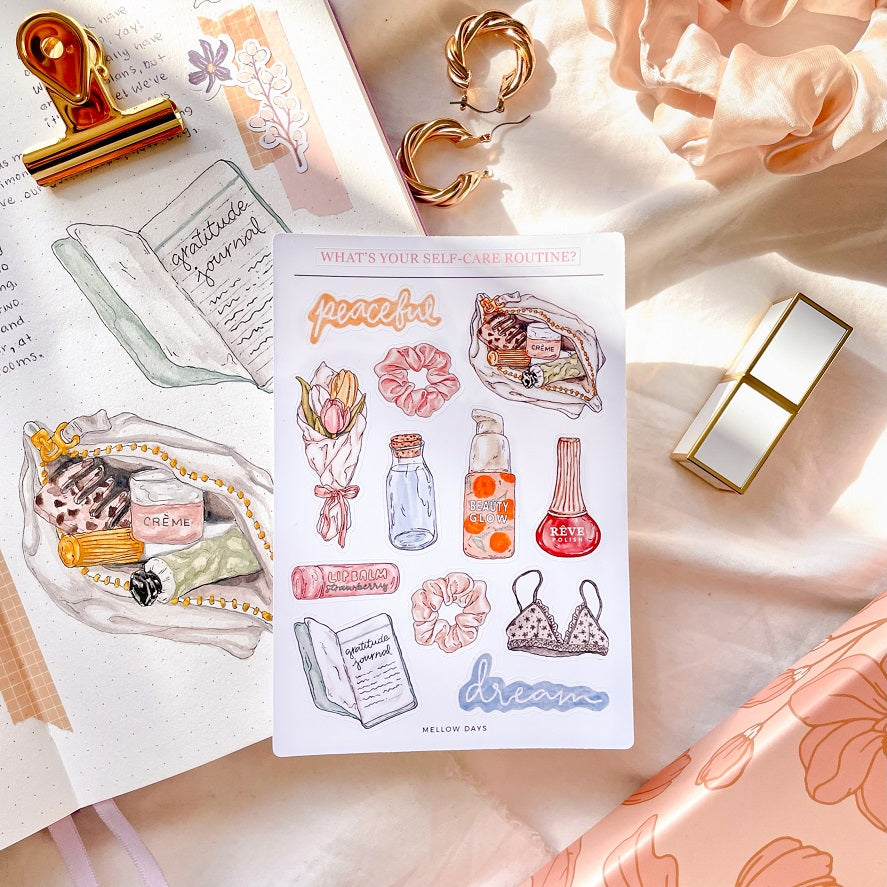 a self care theme sticker sheet with stickers of a makeup filled bag, skincare products, nail polish bottle, water bottle, hair scrunchies, chapstick, bralette, gratitude journal, and flowers. use them to decorate journals, bujo, diary, or stationery planners